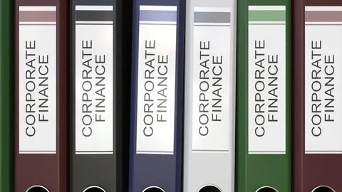 Multiple office folders with Corporate finance text labels 3D rendering Stock Footage 74502136