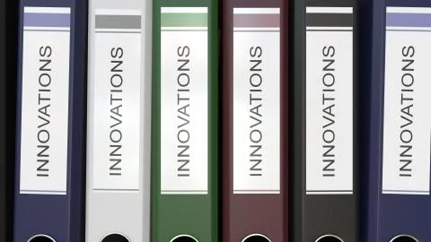 Multiple office folders with Innovations text labels 3D rendering 스톡 일러스트