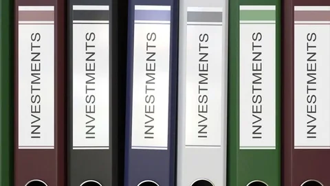 Multiple office folders with Investments text labels 3D rendering Stock Footage 74508323