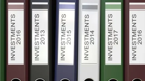 Multiple office folders with Investments text labels 3D rendering different Stock Footage 74508437