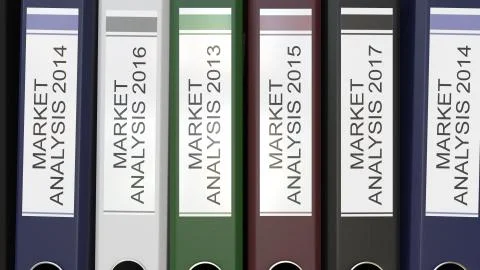 Multiple office folders with Market analysis text labels 3D rendering different Illustrazione stock