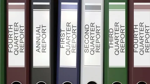 Multiple office folders with Quarter and annual reports text labels 3D rendering Stock Footage 74503549