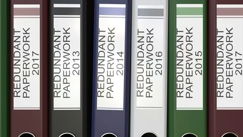 Multiple office folders with Redundant paperwork text labels 3D rendering Stock Footage 74510033