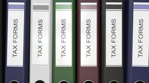 Multiple office folders with Tax forms text labels 3D rendering Stock Illustration