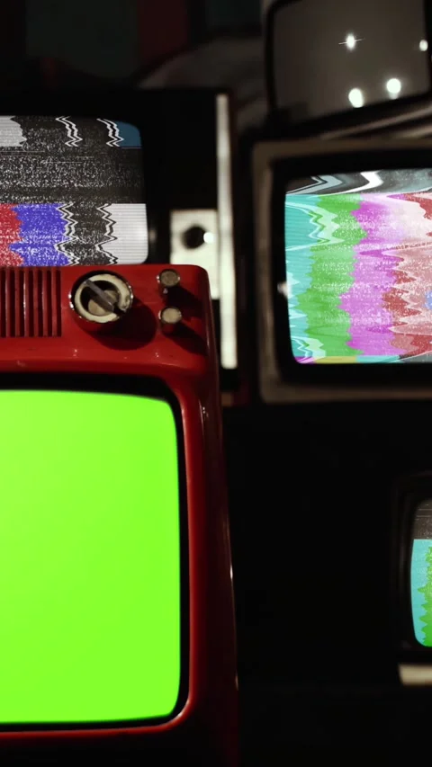Multiple Old TVs Simultaneous Turn On Glitch Effect To Chroma Key - Vertical 4K Stock Footage 339204000