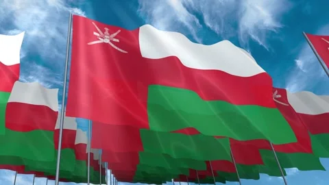 Multiple Oman flags seamless looping waving on blue sky Stock Footage 343683712