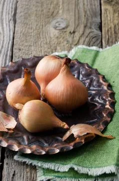 Multiple onion on vintage plate Stock Photos