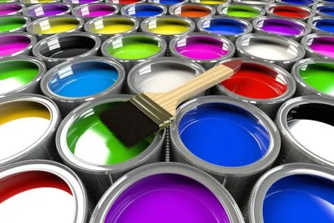 Multiple open paint cans with a brush. Illustrazione stock