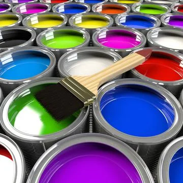 Multiple open paint cans with a brush. Stock Illustration