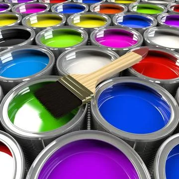 Multiple open paint cans with a brush. Stock Illustration