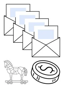 Multiple opened envelopes with letters, dollar coin, and Trojan, signifying.. Stock Illustration