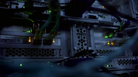Multiple optical server connectors and flashing green LED lamps. 動画素材 92960986