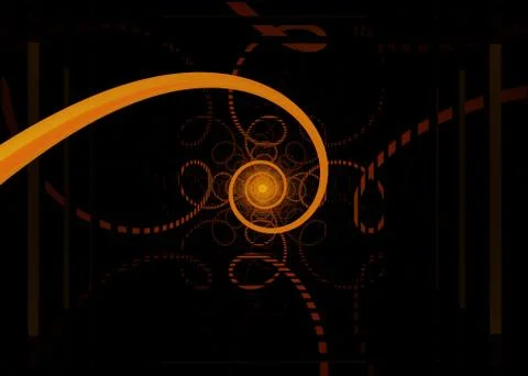 Multiple orange spirals on black background, mandala-like abstract design. Stock Illustration