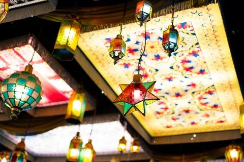 Multiple Ornate Lanterns Hanging at Ramadan Night Bazaar 스톡 사진