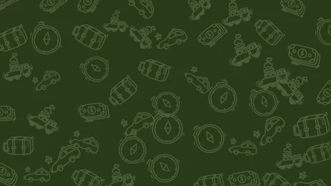Multiple outline illustrations small cars, luggage, compasses, and travel icons Stock Footage 336434722