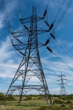 Multiple overhead line power pylon Stock Photos