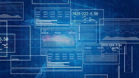 Multiple overlaid UI panels being visualized in flat design, showing data Vidéo 309034296