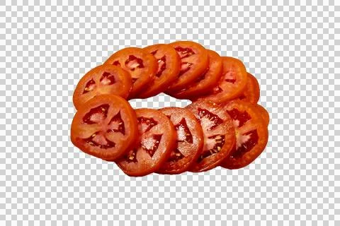Multiple overlapping slices of fresh red tomato arranged in a horizontal ro.. Stock Photos
