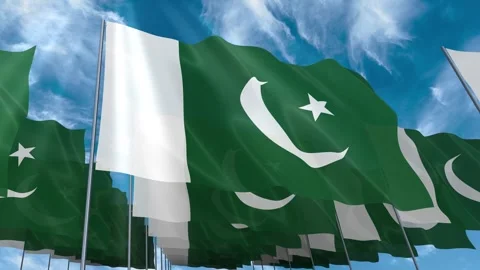 Multiple Pakistan flags seamless looping waving on blue sky Stock Footage 343683722