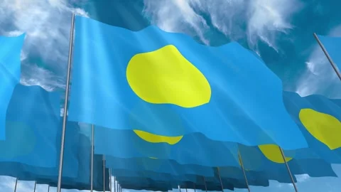Multiple Palau flags seamless looping waving on blue sky Stock Footage 343683745