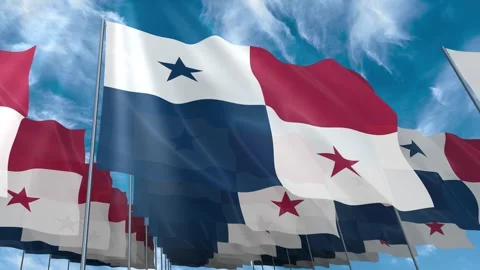 Multiple Panama flags seamless looping waving on blue sky Stock Footage 343683809