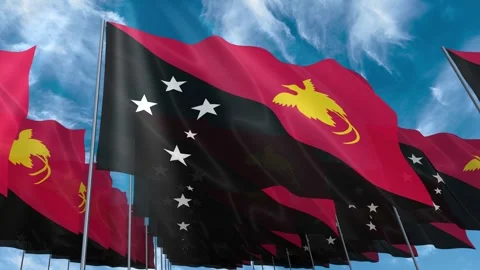 Multiple Papua New Guinea flags seamless looping waving on blue sky Stock Footage 343683823