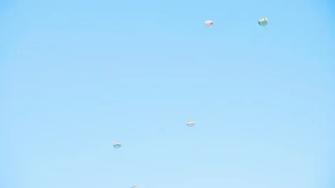 Multiple parachutists descend slowly with round parachutes against a clear Video stock 286405226