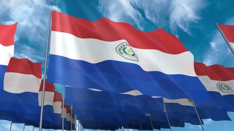 Multiple Paraguay flags seamless looping waving on blue sky Stock Footage 343683866