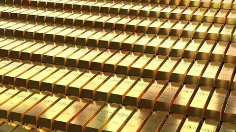 Multiple Parallel Rows of Gold Bars - 3d illustration Stock Illustration