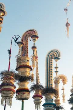 Multiple Penjor Installation Scene, Galungan Bali Stock Photos