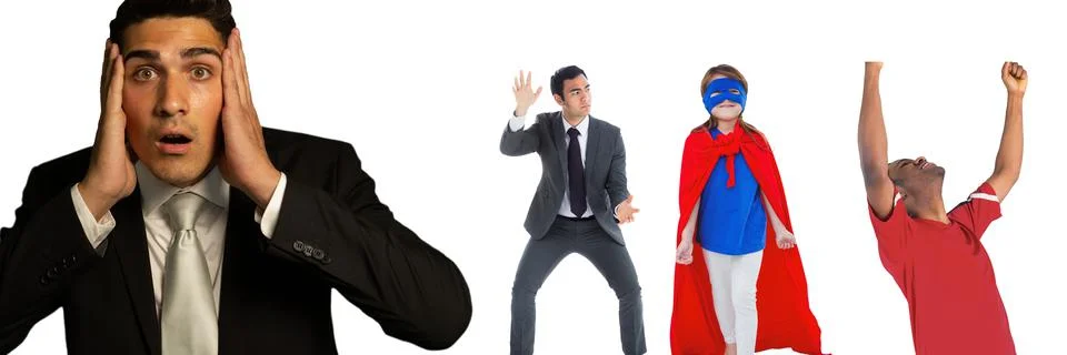 Multiple people of different professions against copy space on white background Stock Photos
