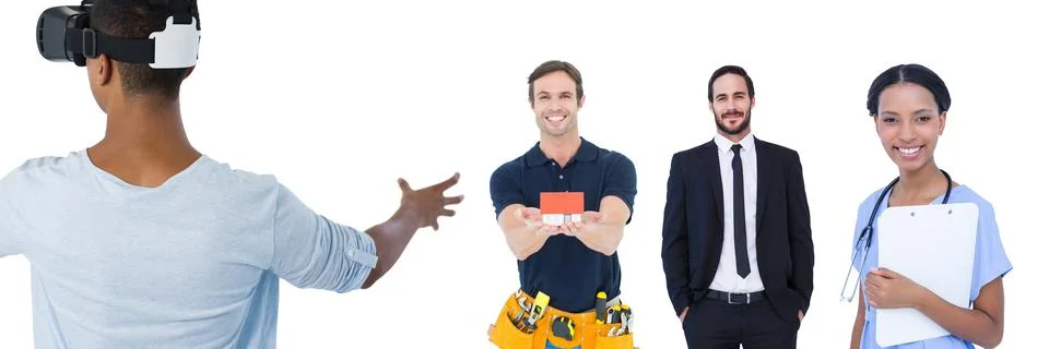 Multiple people of different professions against copy space on white background Stock Photos