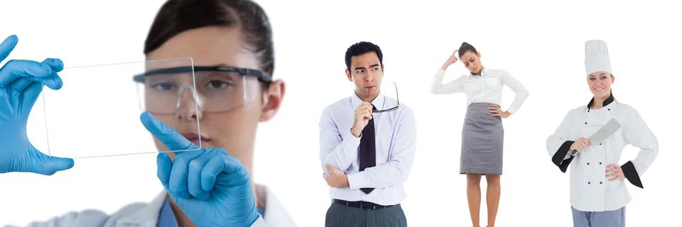 Multiple people of different professions against copy space on white background Stock Photos