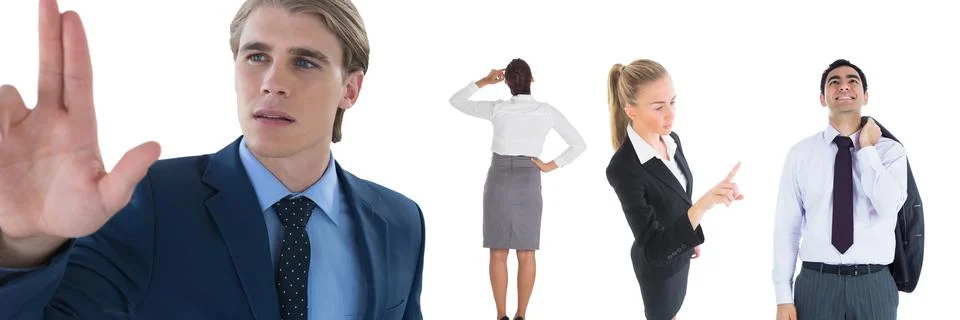 Multiple people of different professions against copy space on white background Stock Photos
