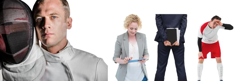 Multiple people of different professions against copy space on white background Stock Photos