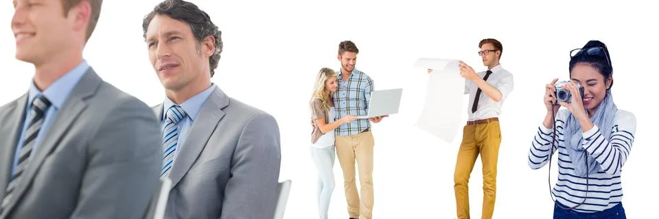 Multiple people of different professions against copy space on white background Stock Photos