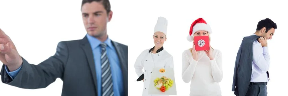 Multiple people of different professions against copy space on white background Stock Photos