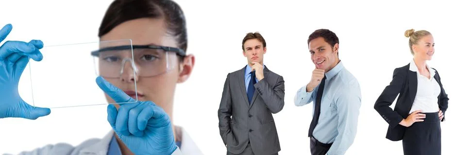 Multiple people of different professions against copy space on white background Stock Photos