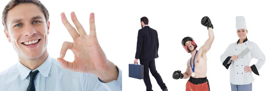 Multiple people of different professions against copy space on white background Stock Photos