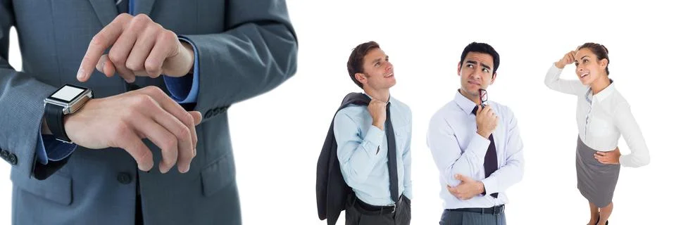Multiple people of different professions against copy space on white background Stock Photos