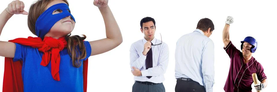 Multiple people of different professions against copy space on white background Stock Photos