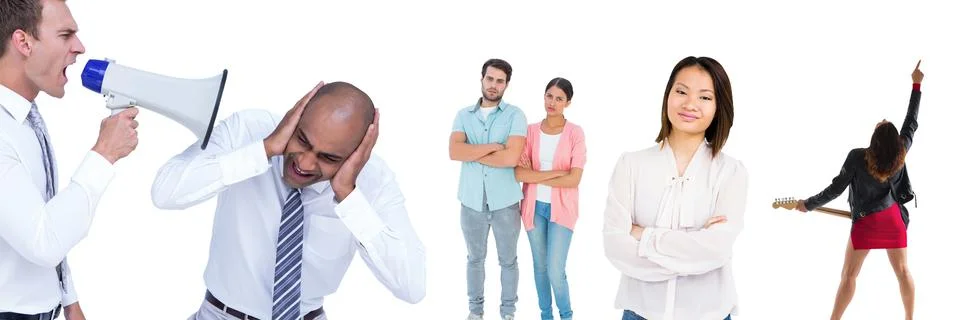 Multiple people of different professions against copy space on white background Stock Photos