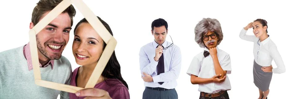 Multiple people of different professions against copy space on white background Stock Photos
