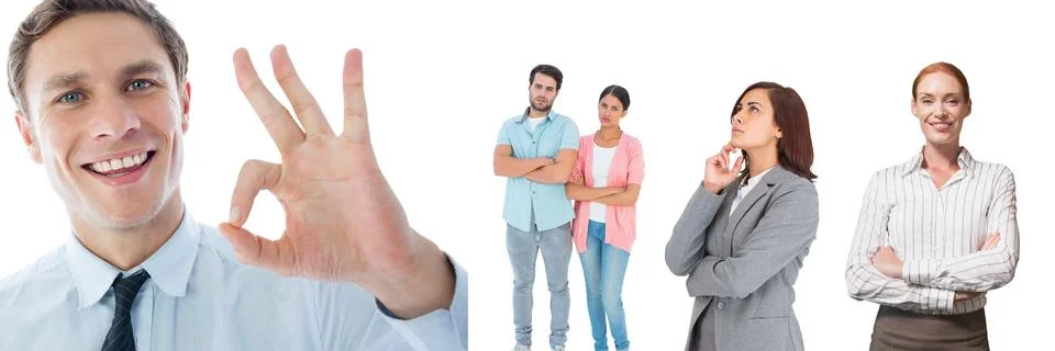 Multiple people of different professions against copy space on white background Stock Photos