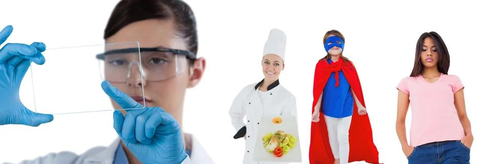Multiple people of different professions against copy space on white background Stock Photos