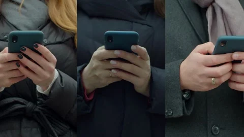 Multiple person female on screen using smart phone scrolling tapping browsing Video stock 336249782