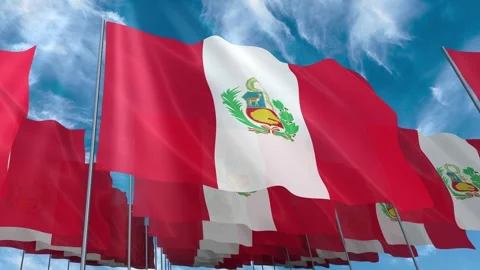 Multiple Peru flags seamless looping waving on blue sky Stock Footage 343683893