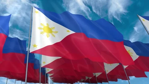 Multiple Philippines flags seamless looping waving on blue sky Stock Footage 343683905