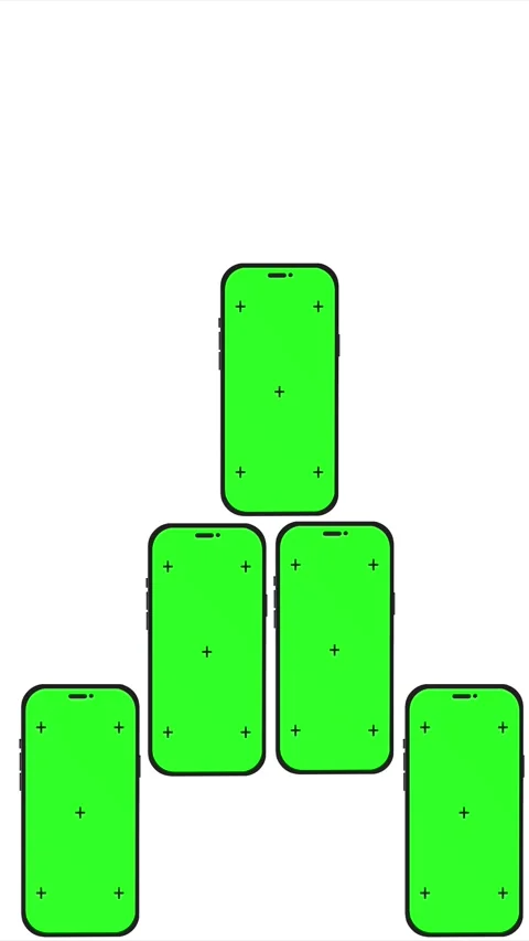 Multiple phone green screen mockup stacked mobile displays, chroma markers, whit Stock Footage 340528251