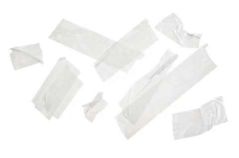 Multiple pieces of clear adhesive tape with wrinkles and air bubbles, isolate Stock Photos